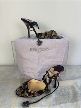 JIMMY CHOO BLACK PRINT LACED LEG HEEL SHOES